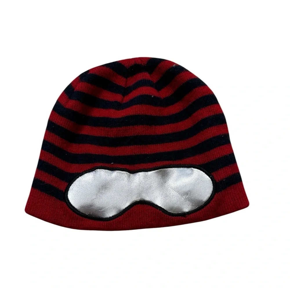 The Children's Place Red and Black Striped Beanie with Silver Goggles Patch